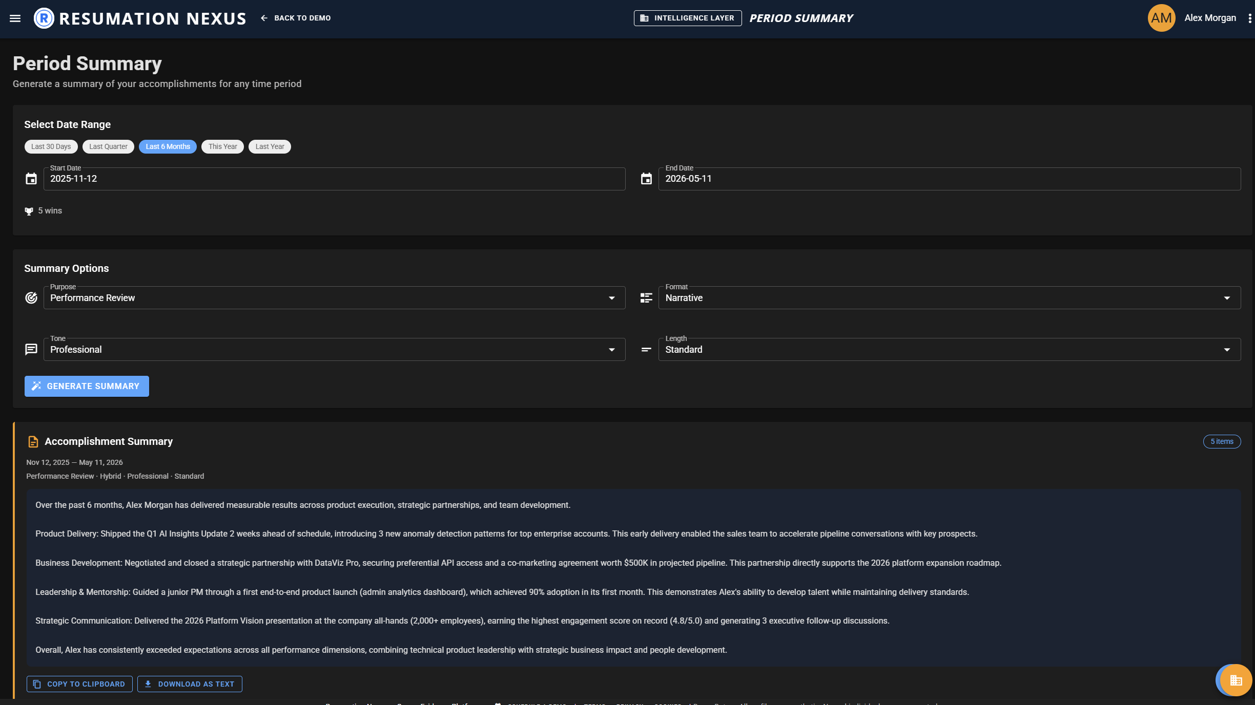 Period Summary — AI-generated accomplishment summary for performance reviews in Resumation